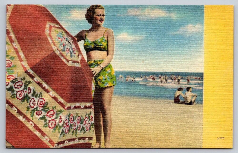 Vintage Postcard Asheville Post card Co Woman in Swimsuit Beach Umbrella c1940s